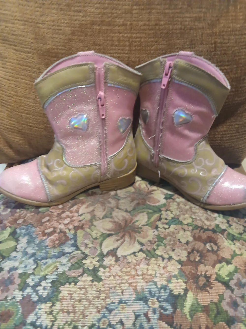 Girls Pink Glitter Western Boots with Princess Heart Accent